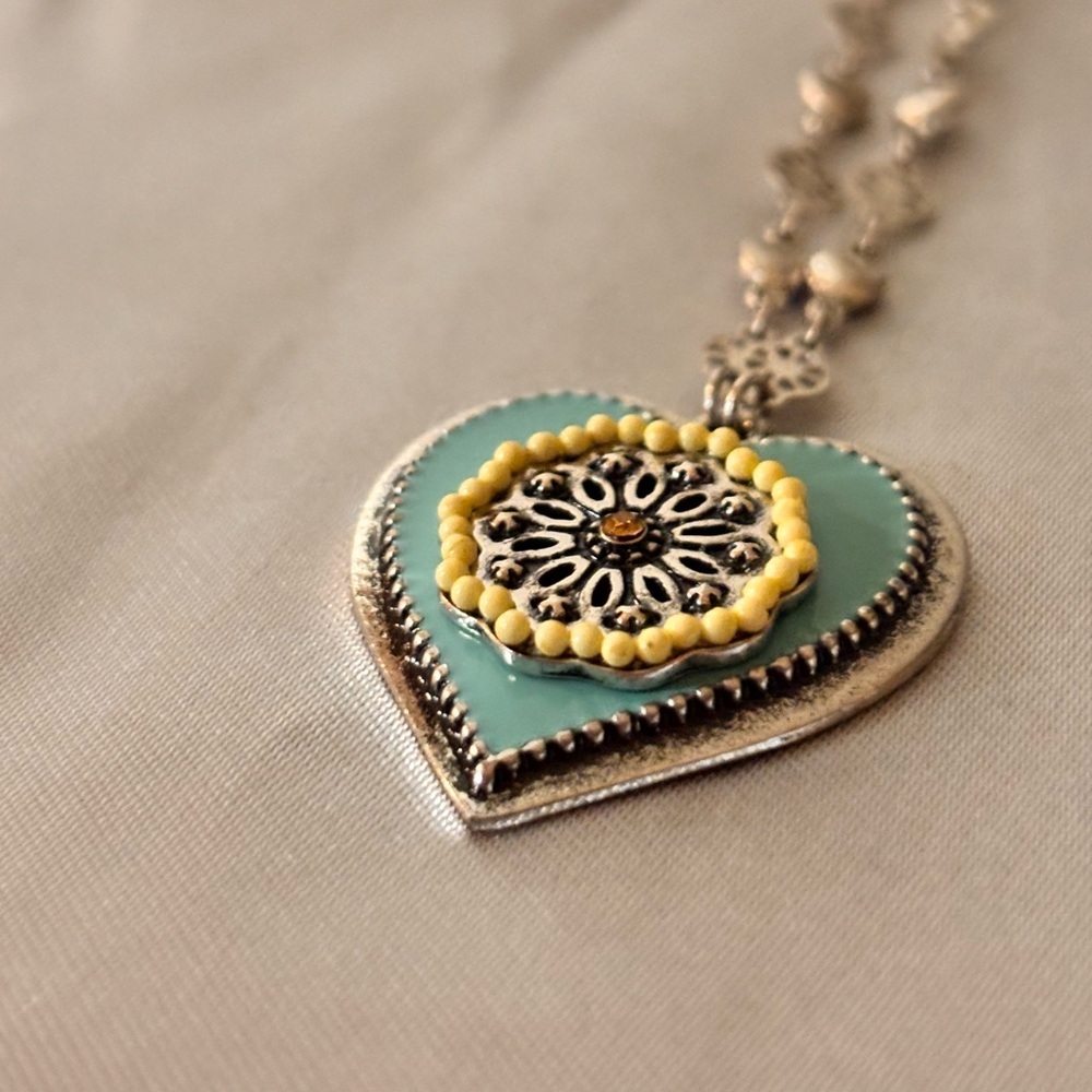H. Dubin Turquoise & Yellow Beaded Heart Necklace